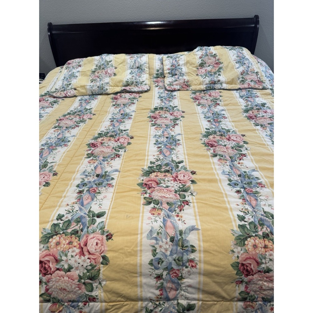 Croscill PRINCESS FLORAL Yellow Striped Pearl Comforter Queen King Sham Set FLAW
